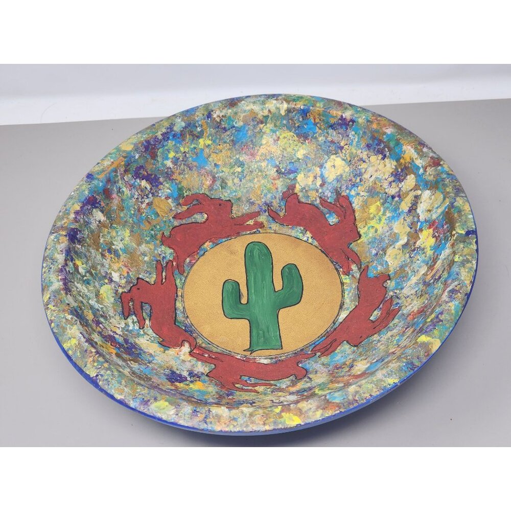 Vintage Munising Painted Bowl Red Rabbit Roundup Cactus Artist Signed